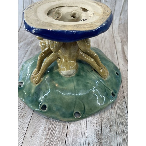 Majolica 3 Monkeys Holding Bowl Dish Centerpiece Large Great Condition - Picture 11 of 16